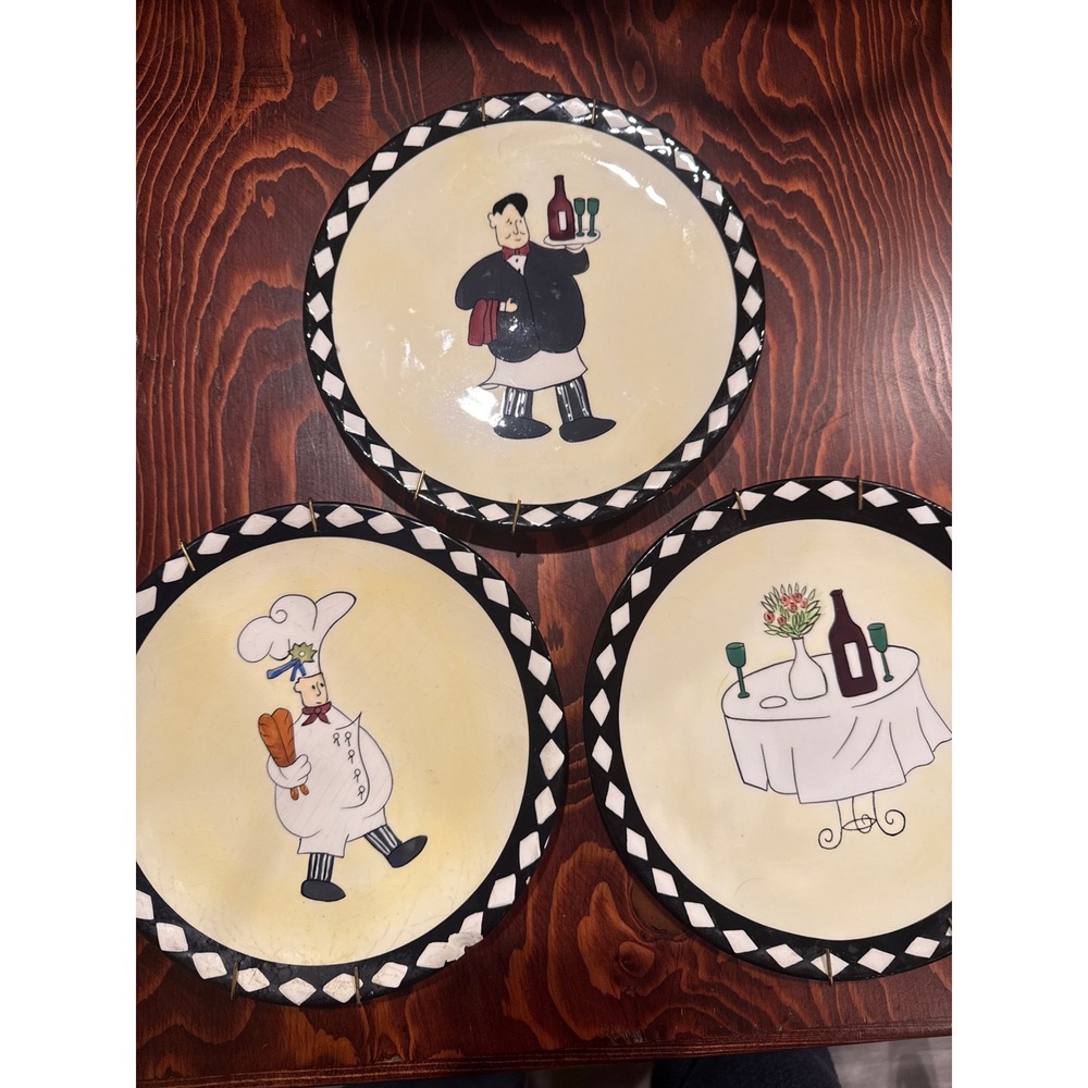 CBK French Cafe Bistro Decorative Wall Plates Set of 3 Chef Waiter Wine Decor